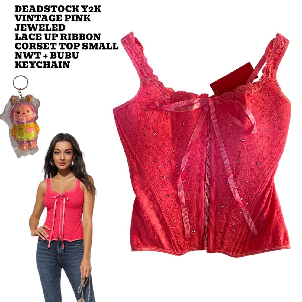 DEADSTOCK Y2K VTG. PINK LACE UP RHINESTONE CORSET BUSTIER TOP MED. +‎ BUBU CHARM